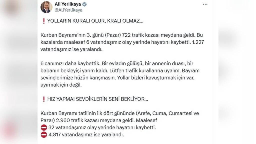 Yerlikaya: Kurban Bayramı’nda 32 ölü, 4817 yaralı